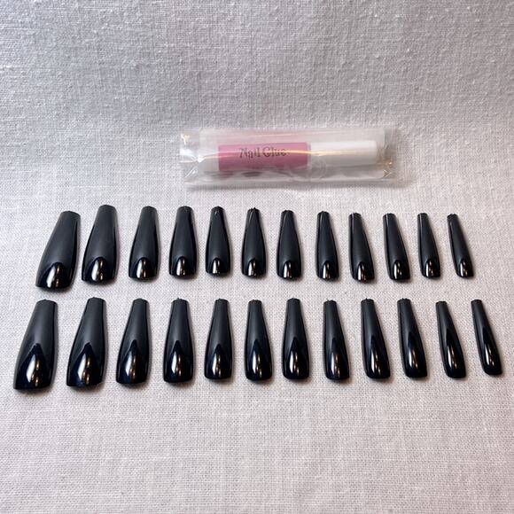 Black Gloss Press On Nails Set Long Coffin Shape with Glue 25 pc Fake Nail Kit - Picture 3 of 4